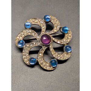 Vintage Silver-Tone Rhinestone & Blue Glass Floral Brooch Purple Center Gemstone